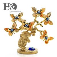 H D Resin Elephant Butterfly Tree Figurine Lucky Blue Evil Eye Tree for Money Protection Wealth Good Luck Xmas Gift Home Decor