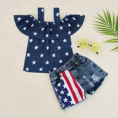 [COD] Independence Day childrens wholesale 2022 summer new girls star print denim short-sleeved two-piece set