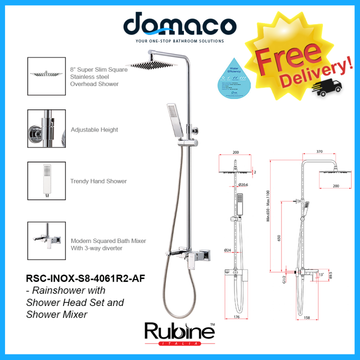 Rubine RSCINOXS84061R2AF Rain Shower Set with Hand Shower and