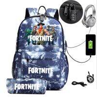 HOT★Fortnite กระเป๋านักเรียนเด็กหญิงเด็กชายอนิเมะกระเป๋าเป้สะพายหลังชาร์จ USB กระเป๋าเป้สะพายหลังสำหรับผู้หญิงกระเป๋าเป้สะพายหลังแล็ปท็อปผู้ชายกระเป๋าของผู้หญิงพร้อมตัวล็อคกันขโมยกระเป๋าเดินทาง2ชิ้น