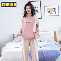 CMENIN ผ้าฝ้ายพิมพ์ลายเรียบง่ายกางเกงขายาวฤดูใบไม้ร่วงและฤดูหนาวชุดนอน Loungewear ชุดนอนสตรีชุดอยู่บ้าน 1928