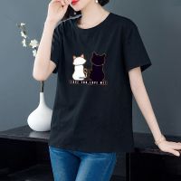 [พร้อมส่ง] MT-เสื้อยืดแฟชั่นผู้หญิง แขนสั้น ลายแมวคู่น่ารัก สวมใส่สบาย สไตล์เกาหลี รุ่น A-113