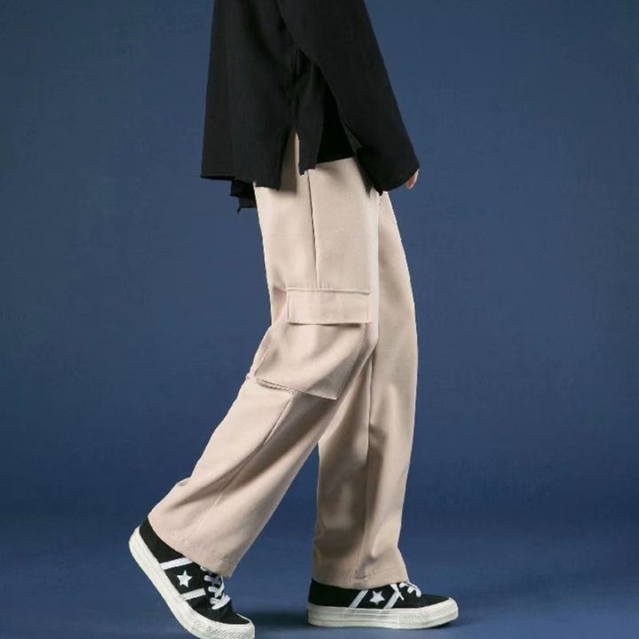 Solid Color plain Loose causal Pants thin multi-pocket cargo pants men  elastic waist drawstring Wide leg trousers