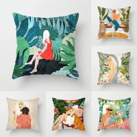 ♂☏☃ 45X45CM Morandi Abstract Plant Pillow Peach Skin Pillowcase Sofa Office Seat Waist Cushion Cushion Cover Home Decoration