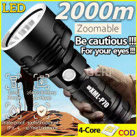 ไฟฉายแรงสูงควอดคอร์โฟกัสคงที่ 2000m Range, Zoomable, 10000 Lumen, Rechargeable Aluminum Alloy LED Tactical Flashlight for Biking Camping Outdoor Light Touchlight Lantern Torch light Lamp Lampu suluh terang jarak jauh lampu picit