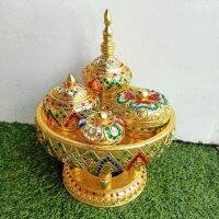 ชุดพาน ขันโตก พร้อมผอบ 4 ชิ้น ทำจากไม้ ปิดทอง สวย งดงาม ฝีมือประณีต