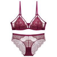 Spot parcel post New Sexy Eyelash Wireless French Lace Underwear Womens Thin Cotton Triangle Cup Push up Set