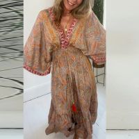 【HOT】☾∏♝ Boho Batwing Sleeve Beach Robe V-Collar Tassel Tie-up Fashion Print Loose Dresses