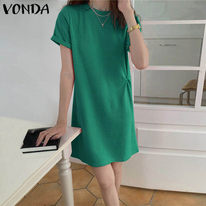 จัดส่งฟรี-fancystyle-vonda-เสื้อแขนกุดผู้หญิง-เสื้อยืดจับจีบคอลูกเรือแบบลำลองสีพื้นเสื้อกล้ามเสื้อผู้หญิง