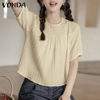 VONDA เสื้อผู้หญิงแขนพัฟเสื้อยืดคอกลมมินิมอลลิสต์แขนสั้นเสื้อสีพื้น (ลำลองเกาหลี)