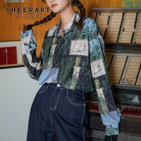 2021CHEERART Renaissance Print Vintage Blouse Women Long Sleeve Top Oversized Shirt Floral Print Designer Top Fall 2020 Fashion