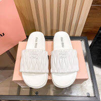 Summer miu miuˉnew pleated slippers daily casual thick-soled flat-bottomed slippers shoes super hot outerwear all-match womens shoesTH