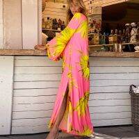 Sunflowers Pink Maxi Dress Long Sleeve Chiffon Kaftan Trend Fashion Flowing Tunic Vacation Resortwear Sweet Party Gown Cover Ups