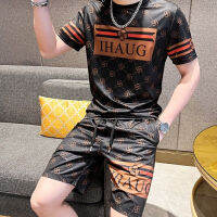 ✘◈ hnf531 Yushu 2023 Summer New Mens All-match European Shorts Short-sleeved Two-piece Printed Ice Silk Breathable Quick-drying Suit