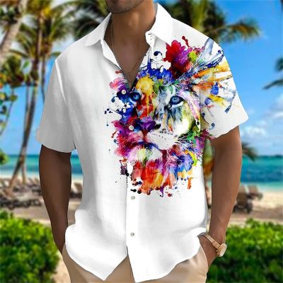 เสื้อลายสิงโตสำหรับผู้ชายเสื้อฮาวายพิมพ์ลายสัตว์3d สีสันสดใสเสื้อลำลองสำหรับทุกวันเสื้อผ้าผู้ชายกระโปรงหน้าร้อนฮิปฮอป