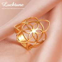 【HOT】 Lucktune Lotus Flower of Life Rings Stainless Steel Viking Hollow Flower Adjustable Finger Ring for Women Jewelry Gift Wholesale