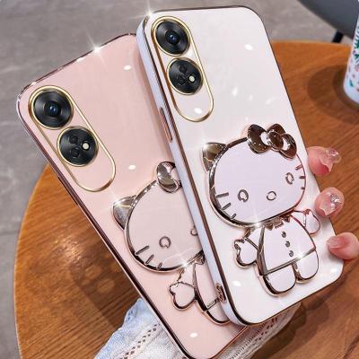 Folding Makeup Mirror Phone Case For OPPO Reno 8T 4G 5G A78 A1 Pro  Case Fashion Cartoon Cute Cat Multifunctional Bracket Plating TPU Soft Cover Casing