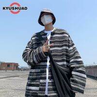 KYUSHUAD เสื้อคาร์ดิแกนกันหนาวลายทางปะต่อกล่องและถุงกระดาษสำหรับใส่ของขวัญสำหรับคู่รักชายคอกลมเสื้อแจ็คเก็ตลำลองแจ๊กเก็ตแขนยาวสำหรับเสื้อนอก