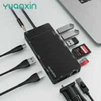 jianzhifen YUANXIN 11-In-1 Type C To HDMI 4K ฮับ USB 3.0 PD 100W RJ45เครื่องอ่านการ์ดความจำ VGA แท่นวางมือถือแล็ปท็อปสำหรับ MacBook M1 M2