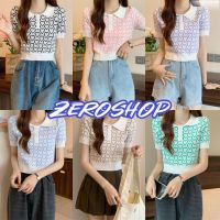 Zero shop?พร้อมส่ง? (Zero-6A61) เสื้อไหมพรมแขนสั้น คอปก ดีเทลลายหัวใจทั้งตัวสีพาสเทล