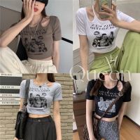 Gueen?พร้อมส่ง?เสื้อครอป แขนสั้น ผ้าคอตตอนผสมโพลีเอสเตอร์ เสื้อฟรีไซด์(19)