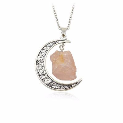 JDY6H European&amp;American Fashion Hollow Moon &amp; Natural Stone Necklace Simple Original Handmade Bronze &amp; Ancient Chain Ne