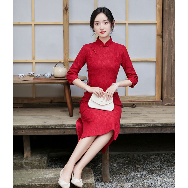 luo-shibo-แต่งงาน-cheongsam-สีแดงแขนยาวลูกไม้เจ้าสาวแต่งงานขนมปังชุดย้อนยุคสาธารณรัฐจีนสไตล์กลับประตูชุดราตรี