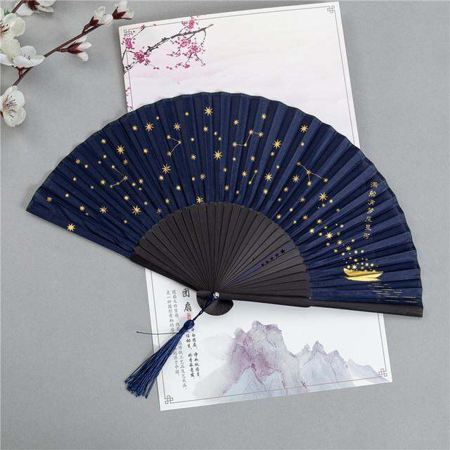 cw-1pcs-starry-sky-pattern-portable-folding-fans-chinese-style-summer-bamboo-craft-fan-wedding-decoration-dance-props