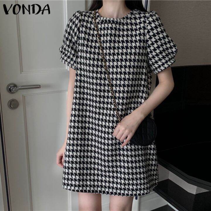 vonda-ชุดเดรส-คอกลม-แขนสั้น-ลายสก๊อต-สไตล์เกาหลี-สําหรับผู้หญิง