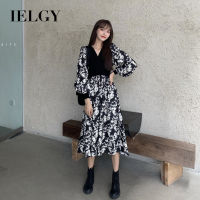 IELGY เดรสชุดเดรสลายดอกไม้ใหม่สำหรับผู้หญิง,เดรสเอวสูงยาวใหม่สำหรับฤดูใบไม้ผลิและฤดูใบไม้ร่วงเกาหลี