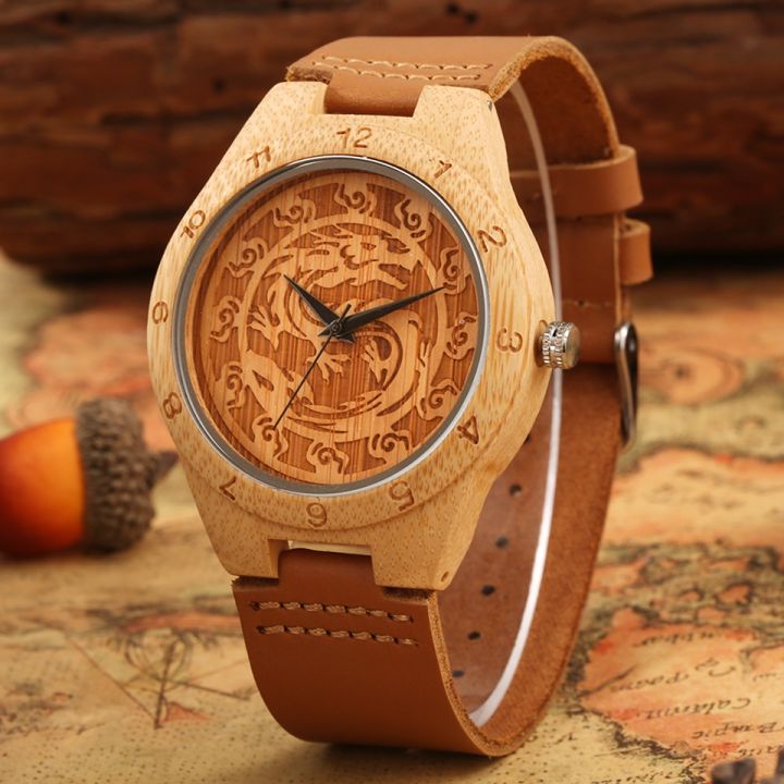 แกะสลักมือหัตถกรรมมังกรจีนหน้าปัดนาฬิกาไม้บุรุษนาฬิกาแกะสลักไม้ไผ่ธรรมชาติไม้ควอตซ์หนังนาฬิกา-r-eloj-hombre