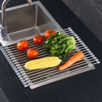 Foldable Stainless Steel Dish Drainer Roll Up Dish Drying Rack Shelf Bowl Tableware Plate Storage Kitchen Sink Holder Organizer