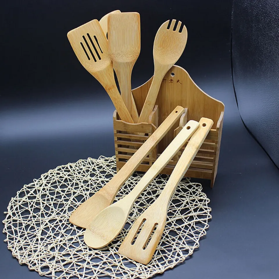 6pcs Wooden Pattern Bamboo Cooking Utensil, Beige Cooking Spatula