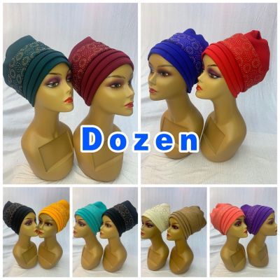 【YF】 Wholesale Fashion Muslim Female Turban Hat Bonnet Elastic Fabric Hot Rhinestone Solid Indian Beanie Hair Bonnets Cap For Women