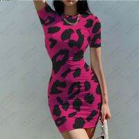 2023 Summer New Sexy Womens Short Sleeve Round Neck Dress Sexy Leopard Print 3D Print Beach Dress Hawaiian Style Slim Fit Dress