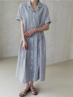 2023 Summer Casual Women Dresses Striped Print Turn-down Collar Pocket Long Dress Streetwear Vintage Loose Dresses