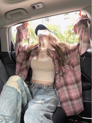 ☽☬ Retro Hong Kong style chic plaid shirt jacket for women autumn 2023 new loose lazy style air-conditioned shirt early spring and autumn