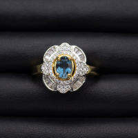 แหวนพลอยลอนดอนบลูโทแพซ (London Blue Topaz) ตัวเรือนเงินแท้92.5%ชุบทอง พลอยน้ำเงินอมสีฟ้าน้ำทะเลเข้ม ไซด์นิ้ว 61 หรือ เบอร์ 9.5 US