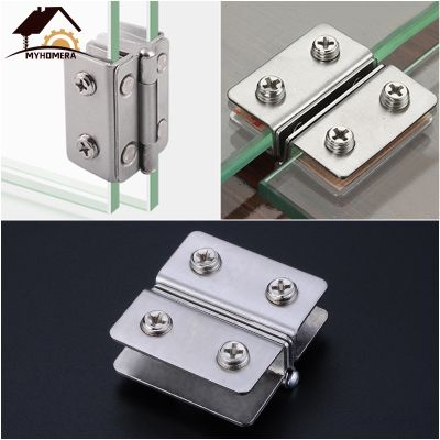 ▦ Myhomera Glass Door Hinge Double Sided Clip without Hole Stainless Steel Cabinet Cupboard Glass Clamps Clip for 4-9mm 180 Degree