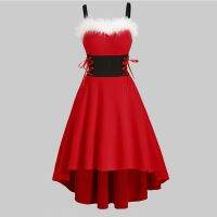 WomenS Christmas Off Shoulder Christmas Faux Fur Lace High and Low Dress Festive Costume Party Dress