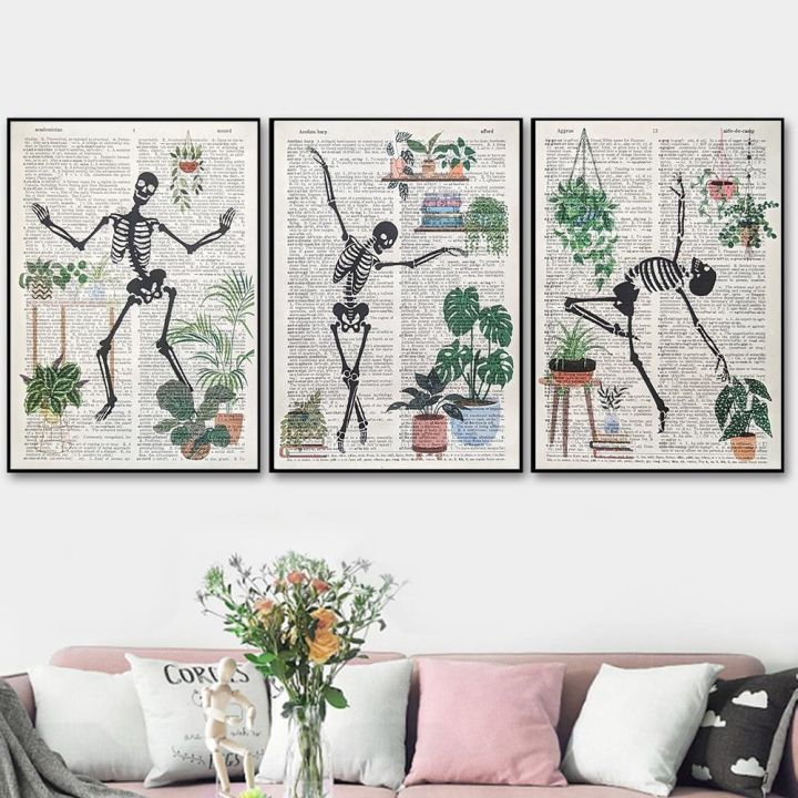 สง่างามตลกโครงกระดูก-dancer-พิมพ์โปสเตอร์ภาพวาดผ้าใบแขวนตะกร้า-monstera-พืช-wall-art-ภาพตกแต่งห้องนั่งเล่น