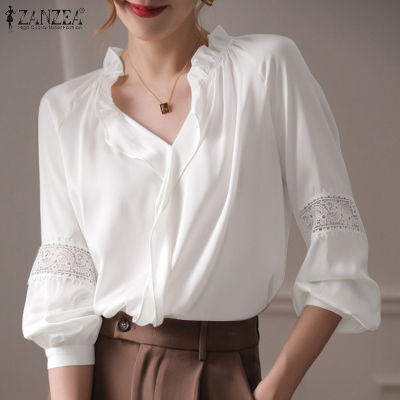 (ราคาต่ำสุด)(เคลียร์สต๊อกขาย)(จัดส่งฟรี) Fancystyle ZANZEA ผู้หญิงสไตล์เกาหลีแขนยาวเสื้อคอวีเสื้อชีฟอง Ruffles เสื้อลูกไม้เย็บปะติดปะต่อกัน #10