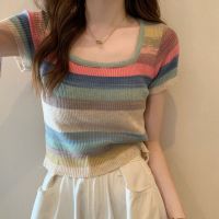 Rainbow Striped Square Collar Shoulder Knitted Short-Sleeved T-Shirt Womens Summer Thin Design Pure Desire Short Sweet And Spicy Top Ins