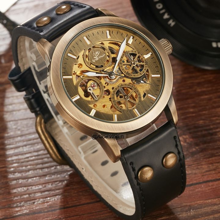 shenhua-นาฬิกาข้อมือออโตเมติกสำหรับผู้ชาย-นาฬิกาข้อมือหนังสีบรอนซ์แบบย้อนยุคนาฬิกากลไก