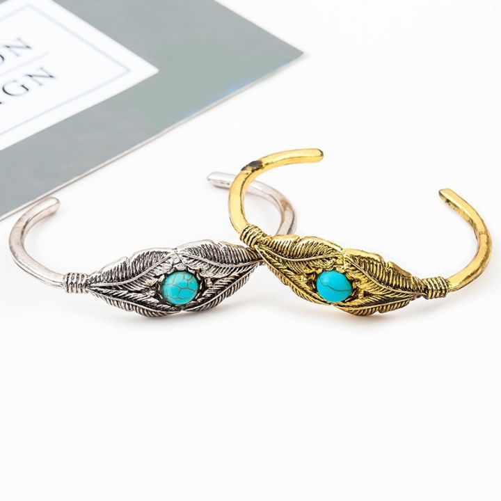 cod-european-and-new-retro-turquoise-feather-leaf-open-bracelet-aliexpress-wish-hot-selling-foreign-trade-sources