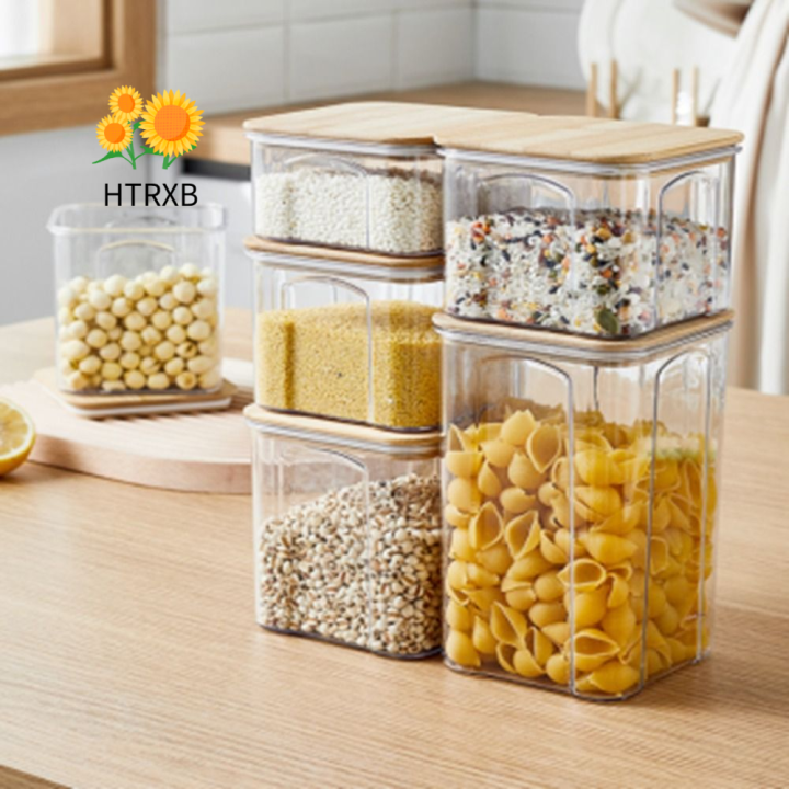 htrxb-ปิดผนึก1ชิ้นสุญญากาศสำหรับอาหารบ้านครัวเกรดด้วยฝาไม้ไผ่กล่องเก็บของจัดธัญพืชกล่องใส่อาหารโถเก็บ