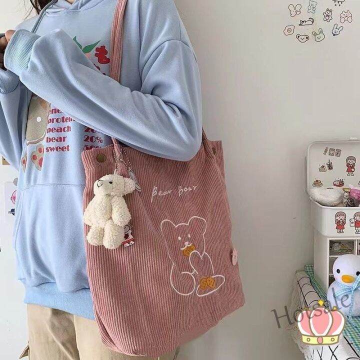 hot-sale-c16-tscfashion-ins-cute-bear-one-shoulder-canvas-bag-korean-college-girl-students-versatile-corduroy-shopping-tote-handbag