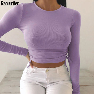 Rapwriter Casual Solid O-Neck Long Sleeve Crop Top Women Pullover Drawstring Sweatshirt Ruched T-Shirt Tee Shirt Women Clothing