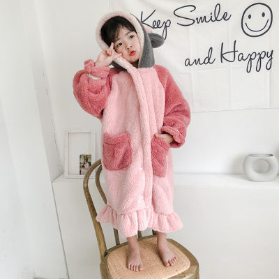 Childrens Cartoon Pajamas For Girl’s Winter Coral Fleece Sleepwear Flannel Robe Set Thickened Home Clothes Child Bathrobe Suit