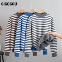 ☌❄ GIGOGO Striped Designer Fluffy Sweaters Thick Warm Fur Pullover Sweater Knitted Sweter